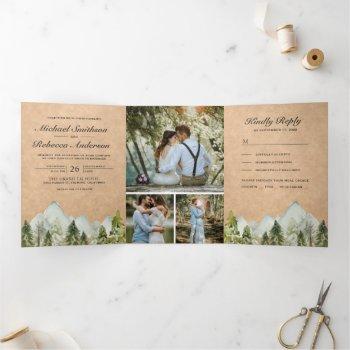 rustic kraft watercolor mountain pine tree wedding tri-fold invitation