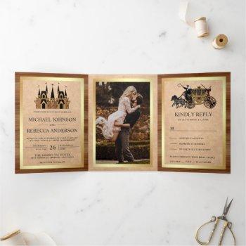 rustic kraft wood fairytale castle wedding photo tri-fold invitation