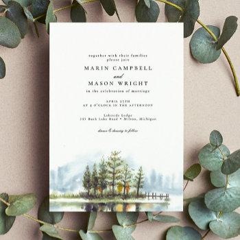 rustic lake forest watercolor woodland wedding invitation