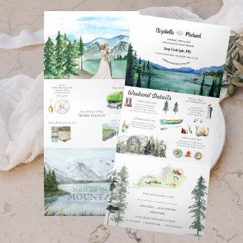 rustic lakeside mountain | illustrated wedding tri-fold invitation