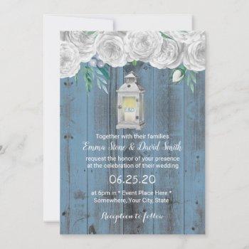 rustic lantern dusty blue vintage floral wedding invitation
