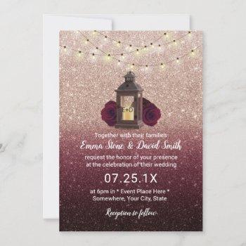 rustic lantern modern burgundy rose gold wedding invitation