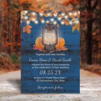 rustic lantern & pumpkins navy blue fall wedding invitation