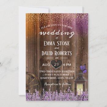 rustic lantern purple lavender floral barn wedding invitation