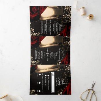 Small Rustic Lantern Red Roses Trifold Wedding Program Front View