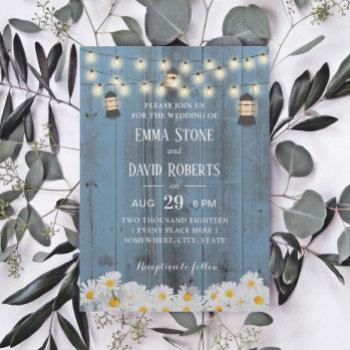 rustic lanterns & daisy flowers dusty blue wedding invitation