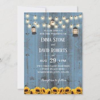 rustic lanterns & sunflowers dusty blue wedding invitation