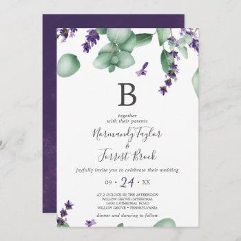 rustic lavender and eucalyptus monogram wedding invitation