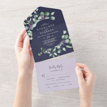 rustic lavender and eucalyptus | navy blue wedding all in one invitation