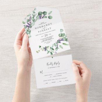 rustic lavender and eucalyptus wedding all in one invitation