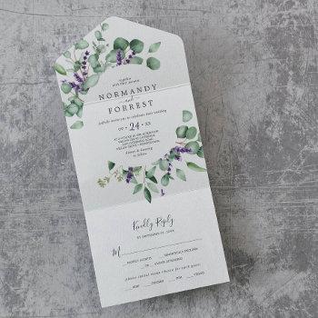 rustic lavender and eucalyptus wedding all in one invitation