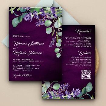 rustic lavender eucalyptus qr code purple wedding invitation