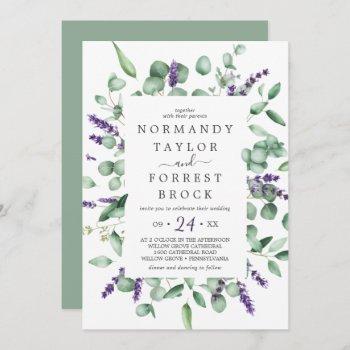 rustic lavender floral frame monogram back wedding invitation