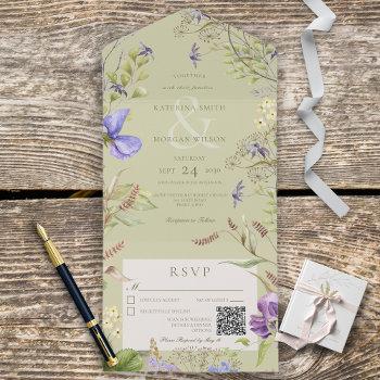 rustic lavender wildflowers sage green qr code all in one invitation