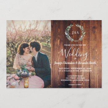 rustic leaves on barn wood monogram photo wedding invitation