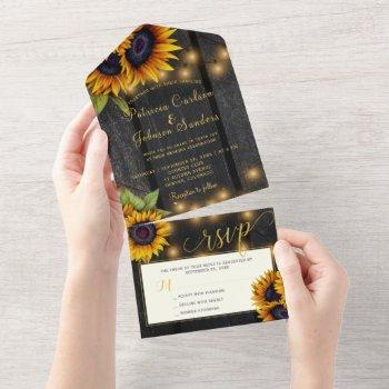 rustic lights gold sunflowers barn wood wedding all in one invitation