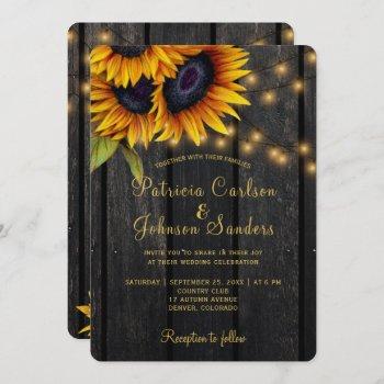 rustic lights sunflower barn wood wedding invitation