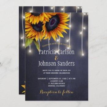 rustic lights sunflower navy chalkboard wedding invitation
