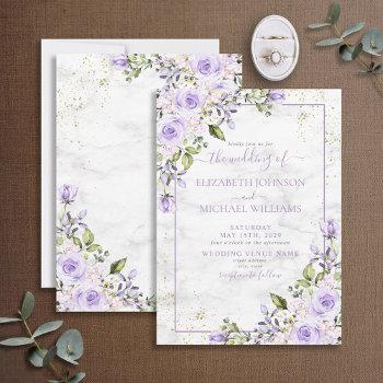 rustic lilac lavender gold marble floral wedding invitation