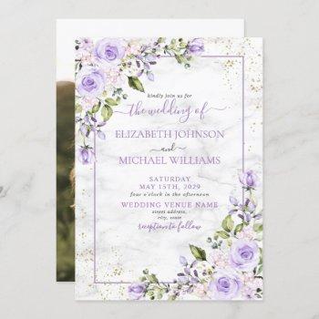 rustic lilac lavender gold marble photo wedding invitation