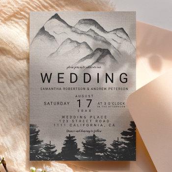 rustic linen watercolor forest mountains wedding invitation