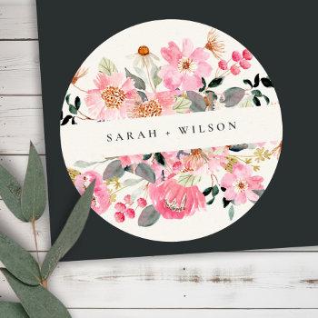 Small Rustic Lively Blush Pink Watercolor Floral Wedding Classic Round Sticker Front View