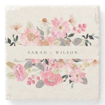 Small Rustic Lively Blush Pink Watercolor Floral Wedding Stone Coaster Front View