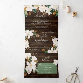 Small Rustic Magnolia Floral Wedding Tri-fold Front View