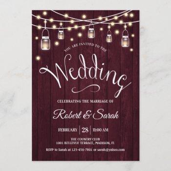 rustic maroon wood & lights wedding invitation
