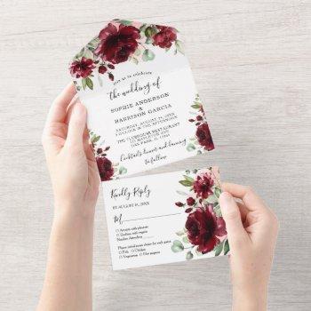 rustic marsala burgundy floral wedding all in one  all in one invitation