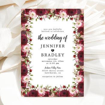 rustic marsala burgundy flowers wedding invitation