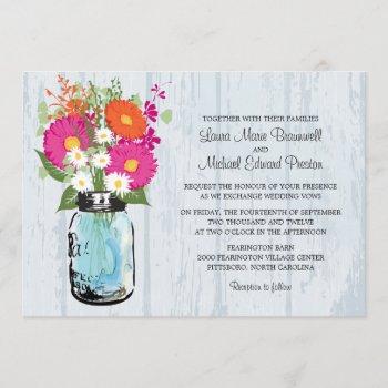 rustic mason jar & gerbera daisies wedding invitation
