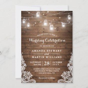 rustic mason jar string light lace country wedding invitation