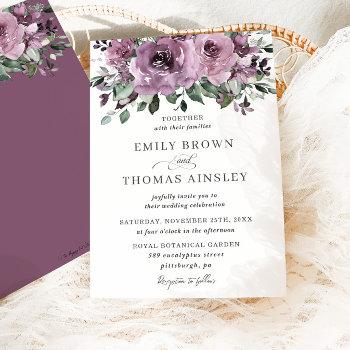 rustic mauve plum purple floral greenery wedding invitation