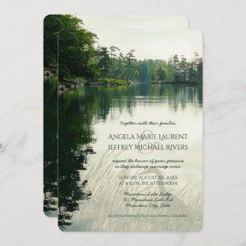 rustic mountain lake heron wedding invitation