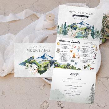 rustic mountain river forest | illustrated wedding tri-fold invitation