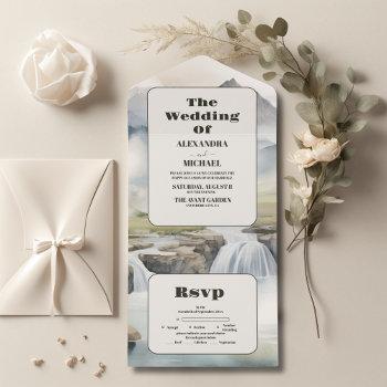 rustic mountain waterfall boho wedding all in one invitation