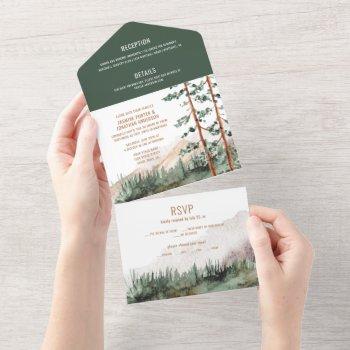rustic mountains pine trees fog wedding  all in one invitation