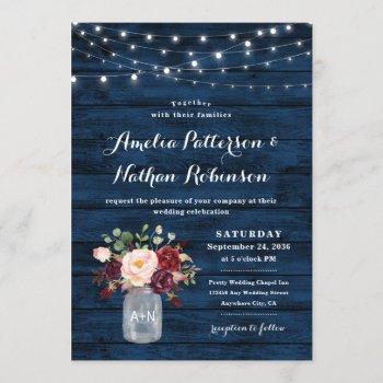 rustic navy blue and burgundy blush floral wedding invitation