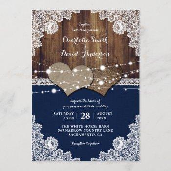 rustic navy blue barn wood burlap lace wedding invitation