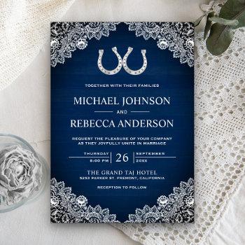 rustic navy blue barn wood horseshoe lace wedding invitation