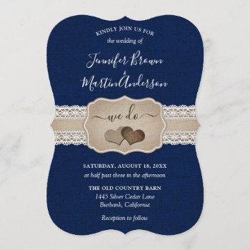 rustic navy blue burlap and lace wedding invitation