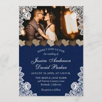 rustic navy blue burlap and lace wedding photo invitation