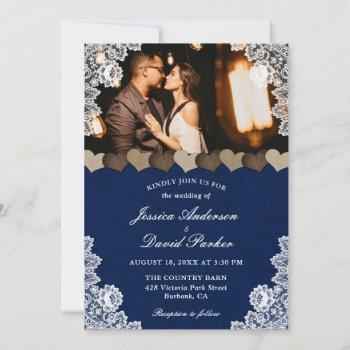 Small Rustic Navy Blue Burlap And Lace Wedding Photo Front View
