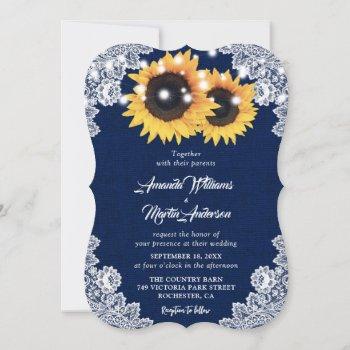 rustic navy blue burlap lace sunflower wedding invitation