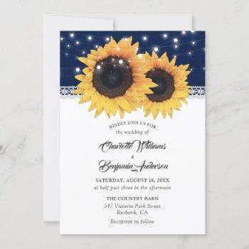rustic navy blue burlap sunflower wedding invitation