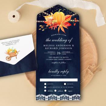 rustic navy blue fall maple leaves pumpkin wedding all in one invitation
