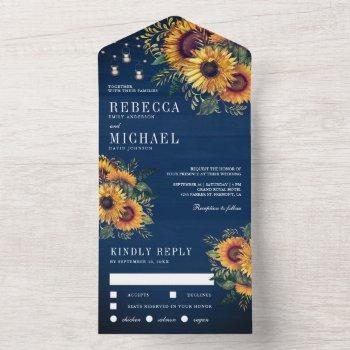 rustic navy blue wood boho sunflowers wedding all in one invitation
