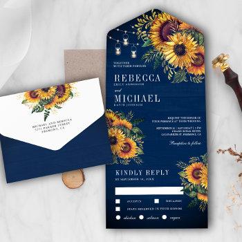 rustic navy blue wood boho sunflowers wedding all in one invitation