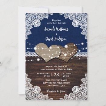 rustic navy blue wood burlap lace wedding invitation
